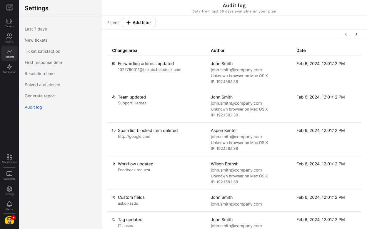 Audit log in HelpDesk ticketing system