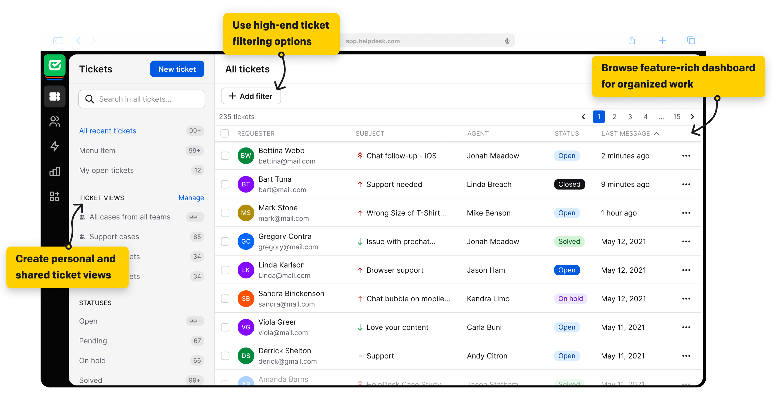 Ticket list view in HelpDesk ticketing system