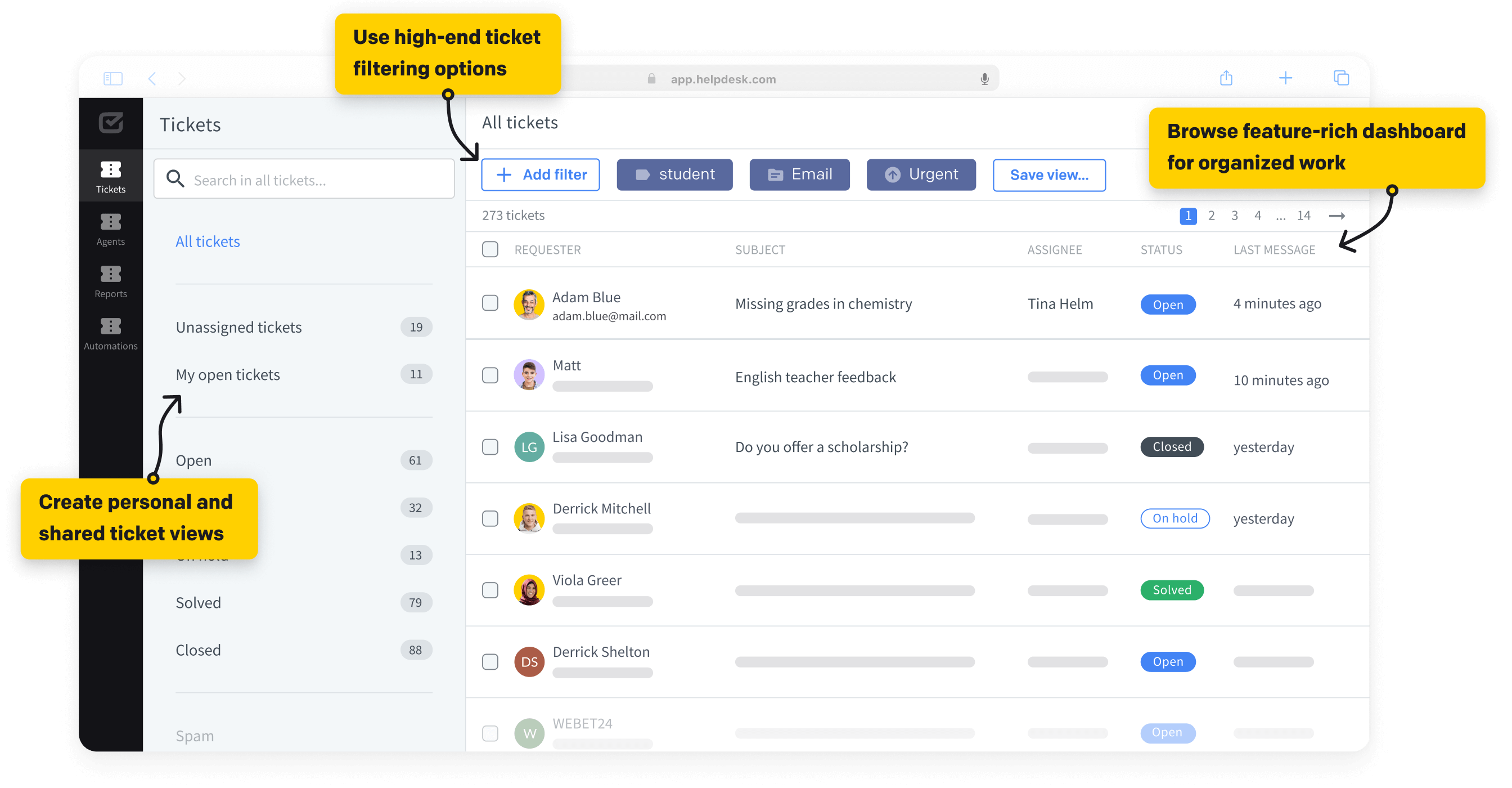 Ticket list view in HelpDesk ticketing system