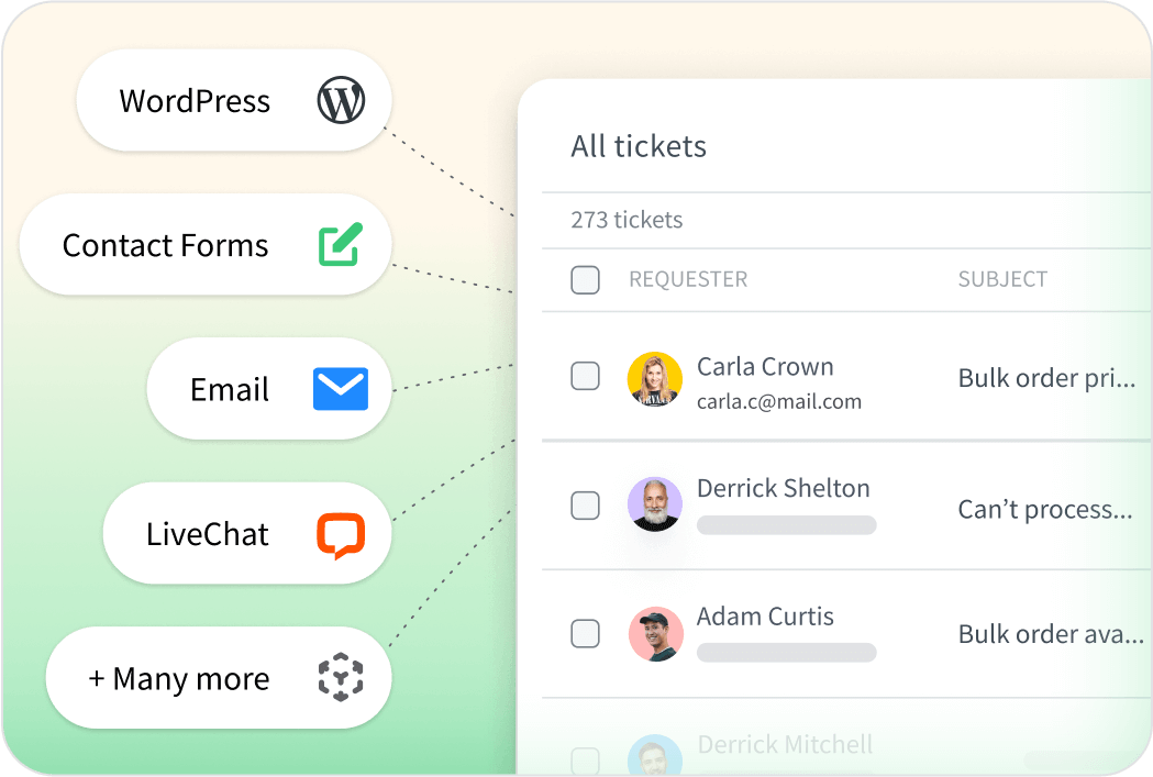 Image showing collecting messages in HelpDesk app from different platforms: WordPress, Contact Forms, Email, LiveChat and many more